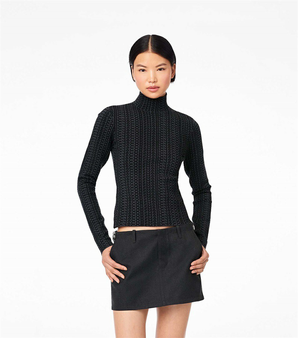 Black / Grey Women's Marc Jacobs The Monogram Compact Knit Mockneck Tops | KGO-160829